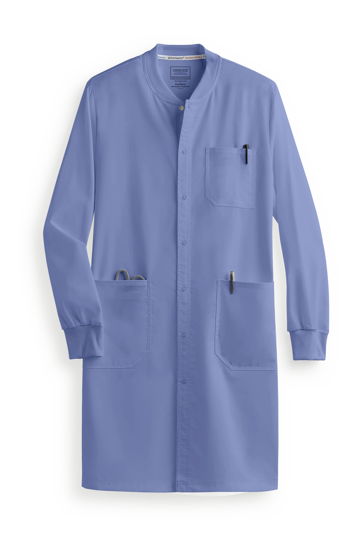 Cherokee Workwear Revolution Tech Unisex 3-Pocket STRETCH Snap Front Lab Coat 3 Cherokee Workwear Revolution Tech Unisex 3-Pocket STRETCH Snap Front Lab Coat