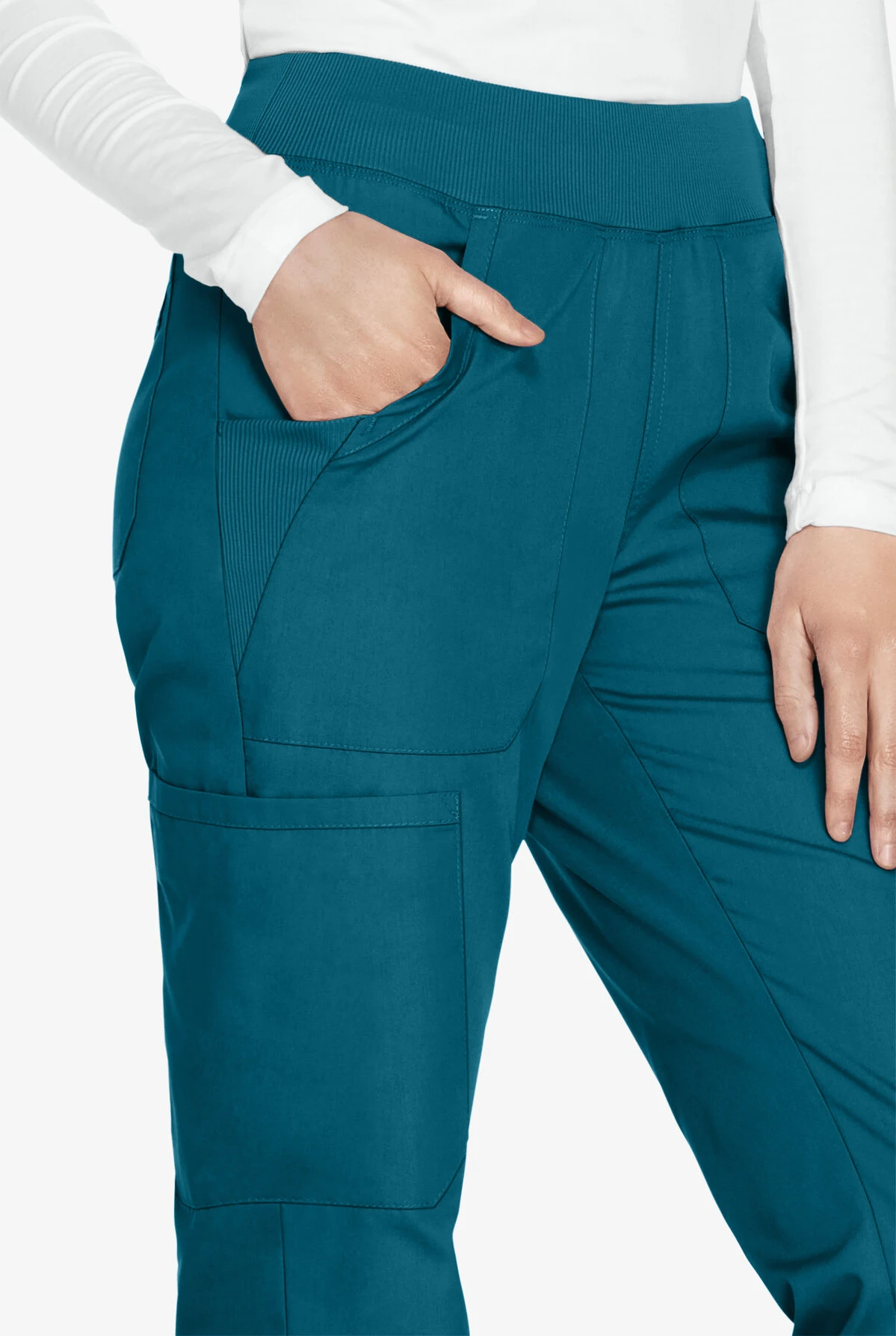 Cherokee Workwear Women's 6-Pocket Rib-Knit Waistband Pull-On Cargo Scrub Pants - Petite 4 Cherokee Workwear Women's 6-Pocket Rib-Knit Waistband Pull-On Cargo Scrub Pants - Petite - Image 2