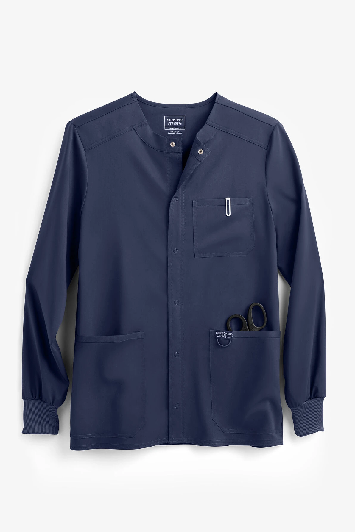 Cherokee Workwear Revolution Men's 3-Pocket STRETCH Snap Front Scrub Jacket 3 Cherokee Workwear Revolution Men's 3-Pocket STRETCH Snap Front Scrub Jacket