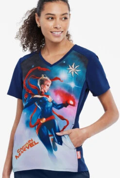 Cherokee Tooniforms Marvel Captain Marvel Women's 1-Pocket V-Neck Print Scrub Top -Scrubs Wear Store CK637MAR 3 S