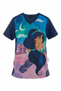 Cherokee Tooniforms Disney Jasmine Nights Women's 1-Pocket V-Neck Print Scrub Top
