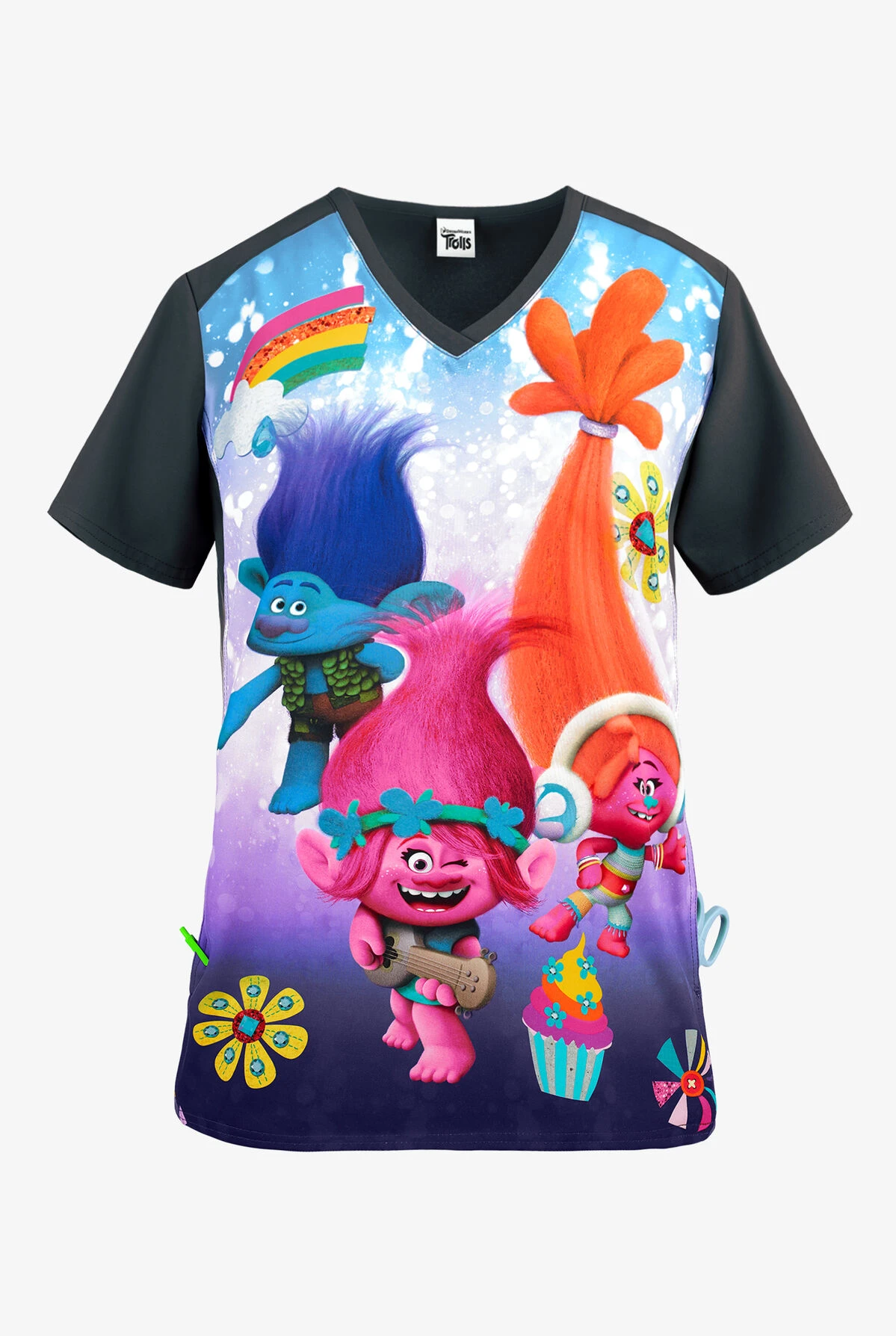 Cherokee Tooniforms Trolls Musical Genius Women's 1-Pocket V-Neck Print Scrub Top 3 Cherokee Tooniforms Trolls Musical Genius Women's 1-Pocket V-Neck Print Scrub Top