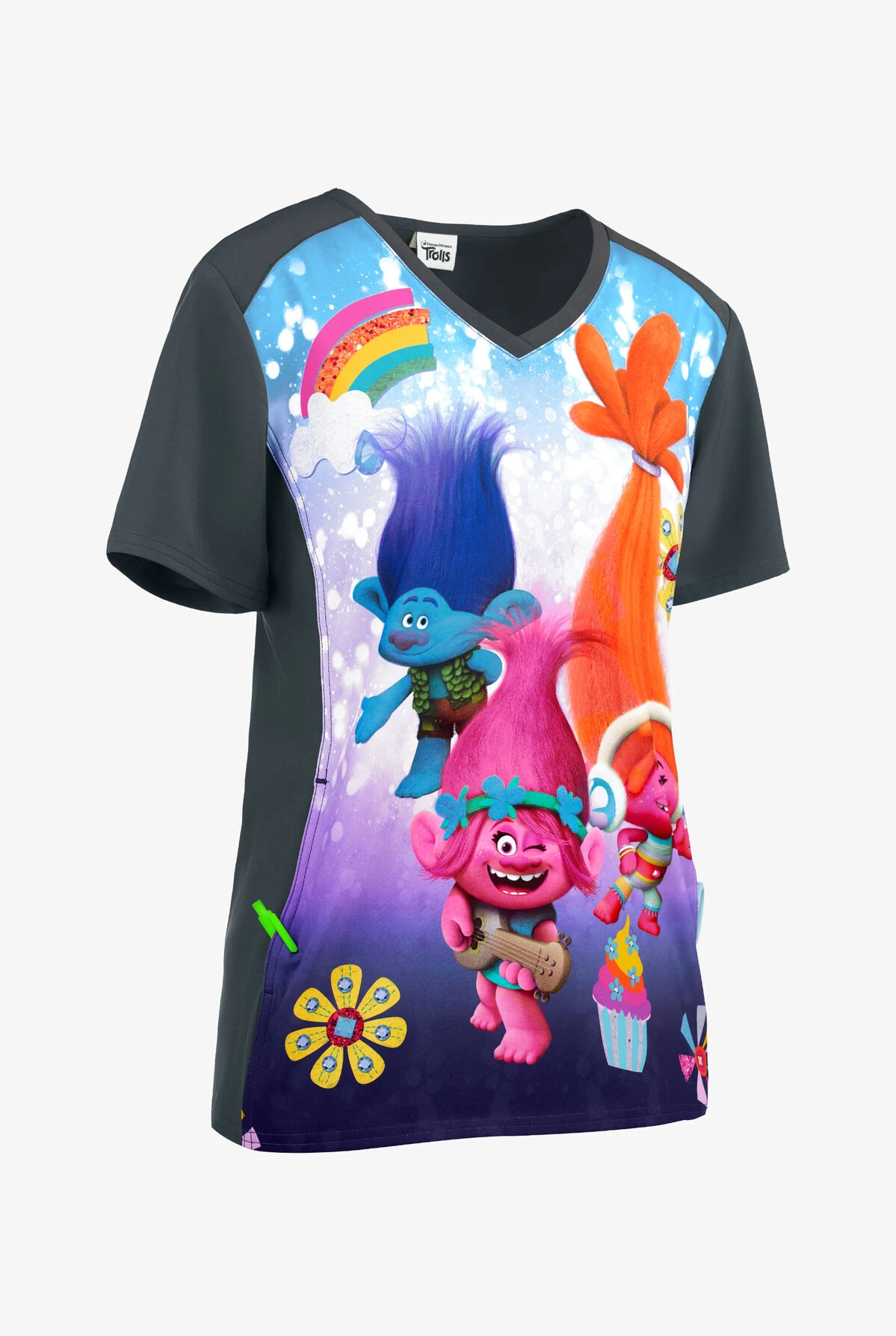 Cherokee Tooniforms Trolls Musical Genius Women's 1-Pocket V-Neck Print Scrub Top 5 Cherokee Tooniforms Trolls Musical Genius Women's 1-Pocket V-Neck Print Scrub Top - Image 3