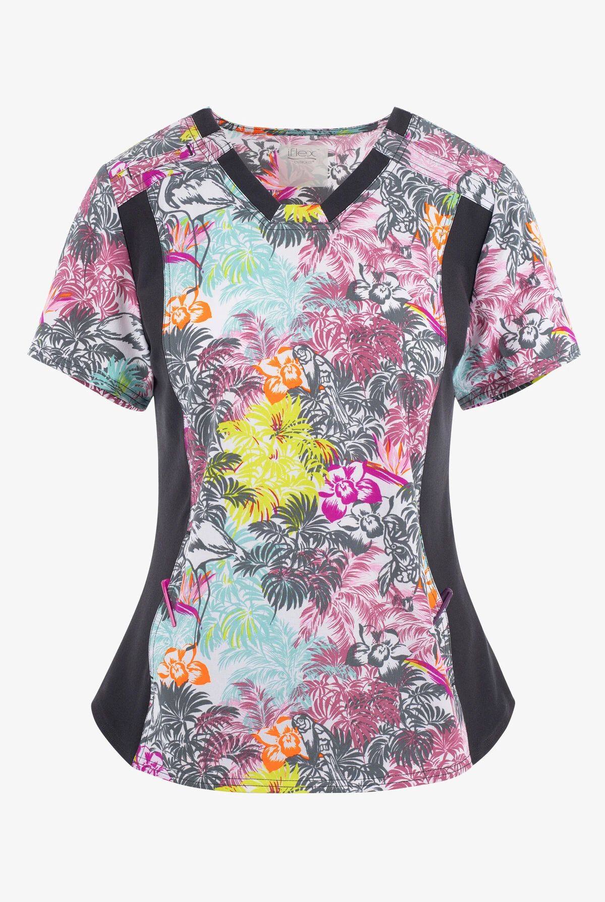 Cherokee Iflex Birds Of Paradise Flamingo Women's 2-Pocket STRETCH V-Neck Print Scrub Top 3 Cherokee Iflex Birds Of Paradise Flamingo Women's 2-Pocket STRETCH V-Neck Print Scrub Top