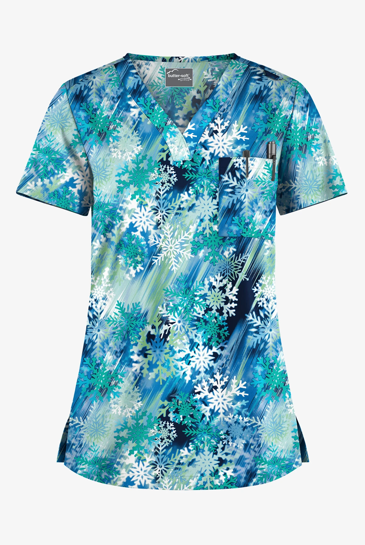 UA Butter-Soft Stretch Big City Flurry Bright Teal Women's 1-Pocket V-Neck Tuck-In Printed Scrub Top 3 UA Butter-Soft Stretch Big City Flurry Bright Teal Women's 1-Pocket V-Neck Tuck-In Printed Scrub Top