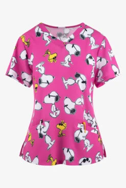 FUNSCRUBS Peanuts Stylish Snoopy Everywhere Women's 2-Pocket STRETCH V-Neck Print Scrub Top