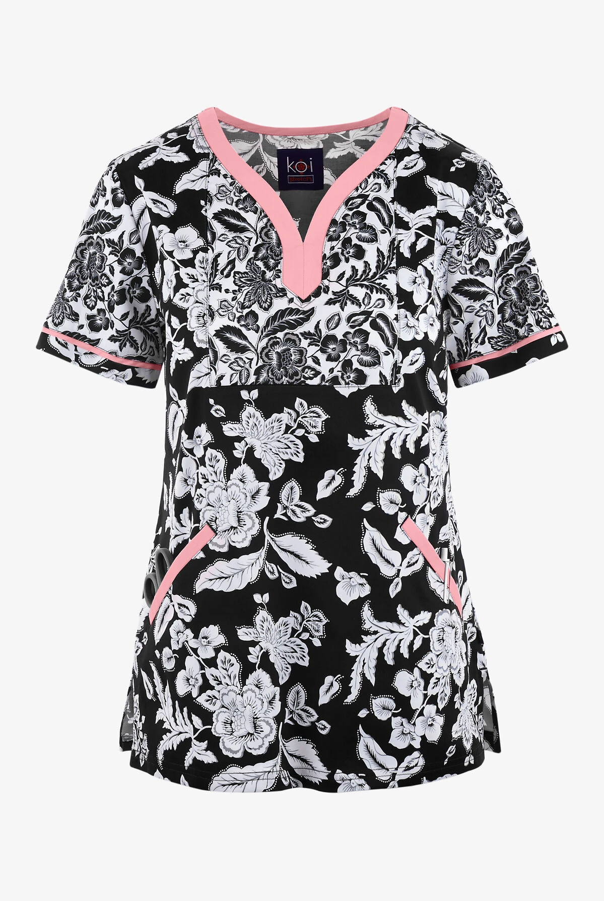 Koi Stretch Woodblack Floral Women's 4-Pocket STRETCH Y-Neck Print Scrub Top 3 Koi Stretch Woodblack Floral Women's 4-Pocket STRETCH Y-Neck Print Scrub Top