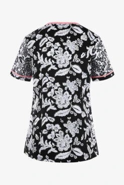 Koi Stretch Woodblack Floral Women's 4-Pocket STRETCH Y-Neck Print Scrub Top 5 Koi Stretch Woodblack Floral Women's 4-Pocket STRETCH Y-Neck Print Scrub Top -Scrubs Wear Store K1054WBF 2