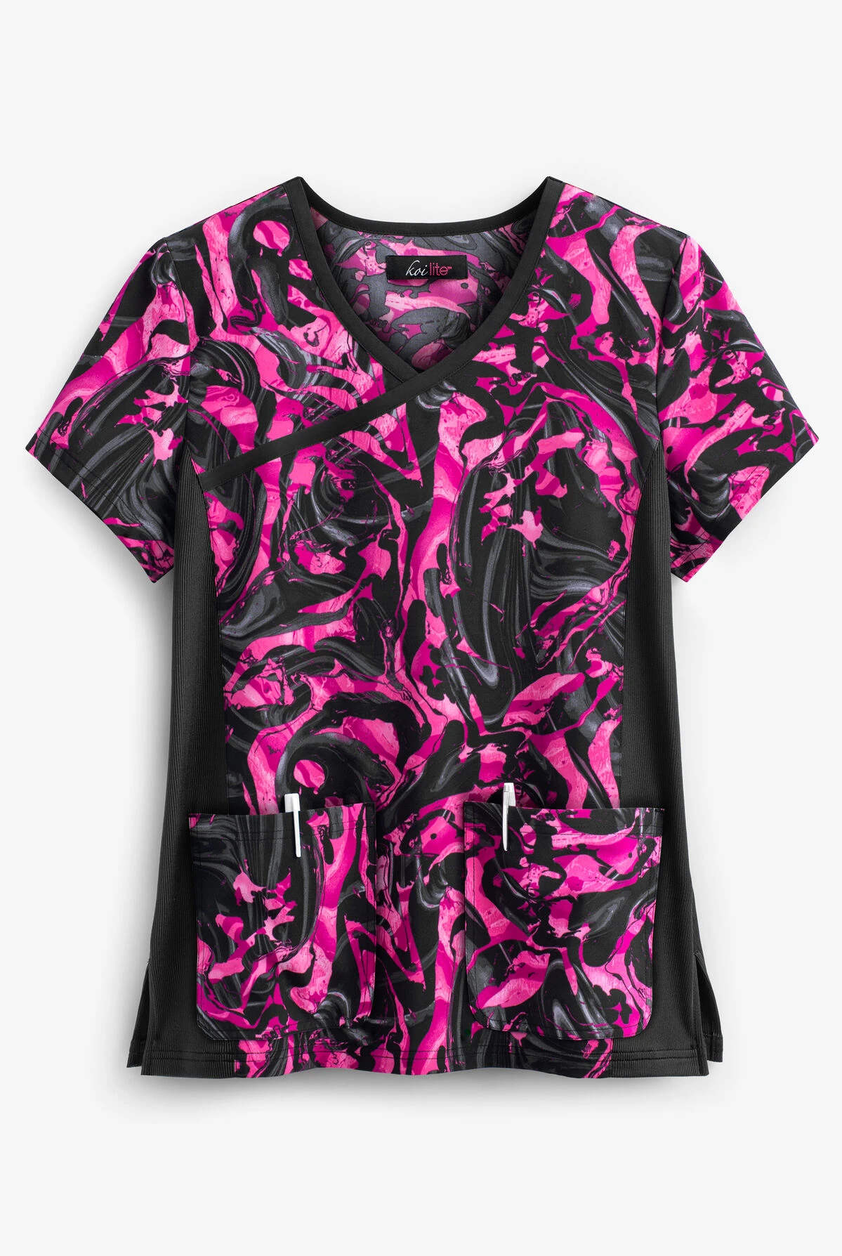 Koi Lite™ Inkblot Pinks Women's 2-Pocket Mock Wrap STRETCH Print Scrub Top 3 Koi Lite™ Inkblot Pinks Women's 2-Pocket Mock Wrap STRETCH Print Scrub Top