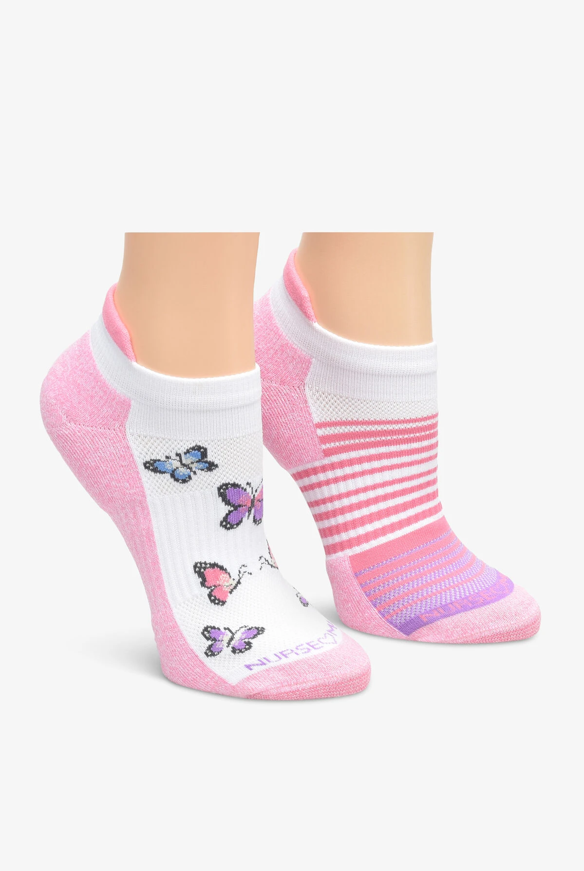 Nurse Mates Pink Butterfly/Stripe Women's 2-Pair Multi-Pack Anklet Socks 2 Nurse Mates Pink Butterfly/Stripe Women's 2-Pair Multi-Pack Anklet Socks
