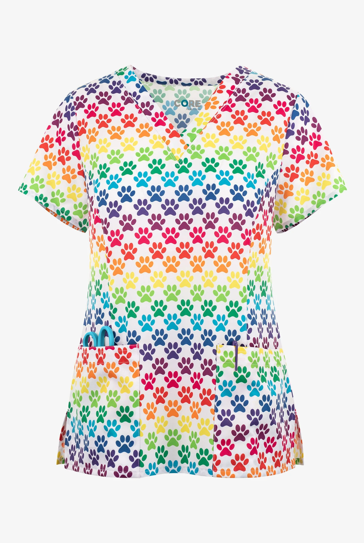 UA Exclusive Maevn Puppy Rainbow Paws Women's 3-Pocket V-Neck Print Scrub Top 3 UA Exclusive Maevn Puppy Rainbow Paws Women's 3-Pocket V-Neck Print Scrub Top