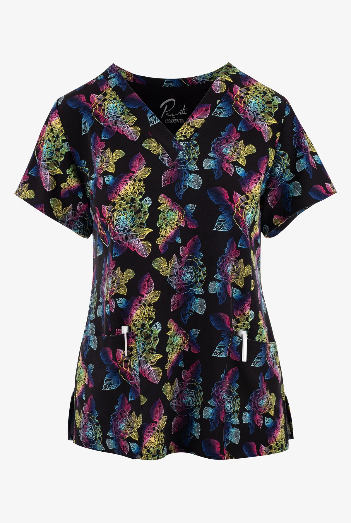Maevn Electric Bouquet Floral Women's 3-Pocket STRETCH V-Neck Print Scrub Top 3 Maevn Electric Bouquet Floral Women's 3-Pocket STRETCH V-Neck Print Scrub Top