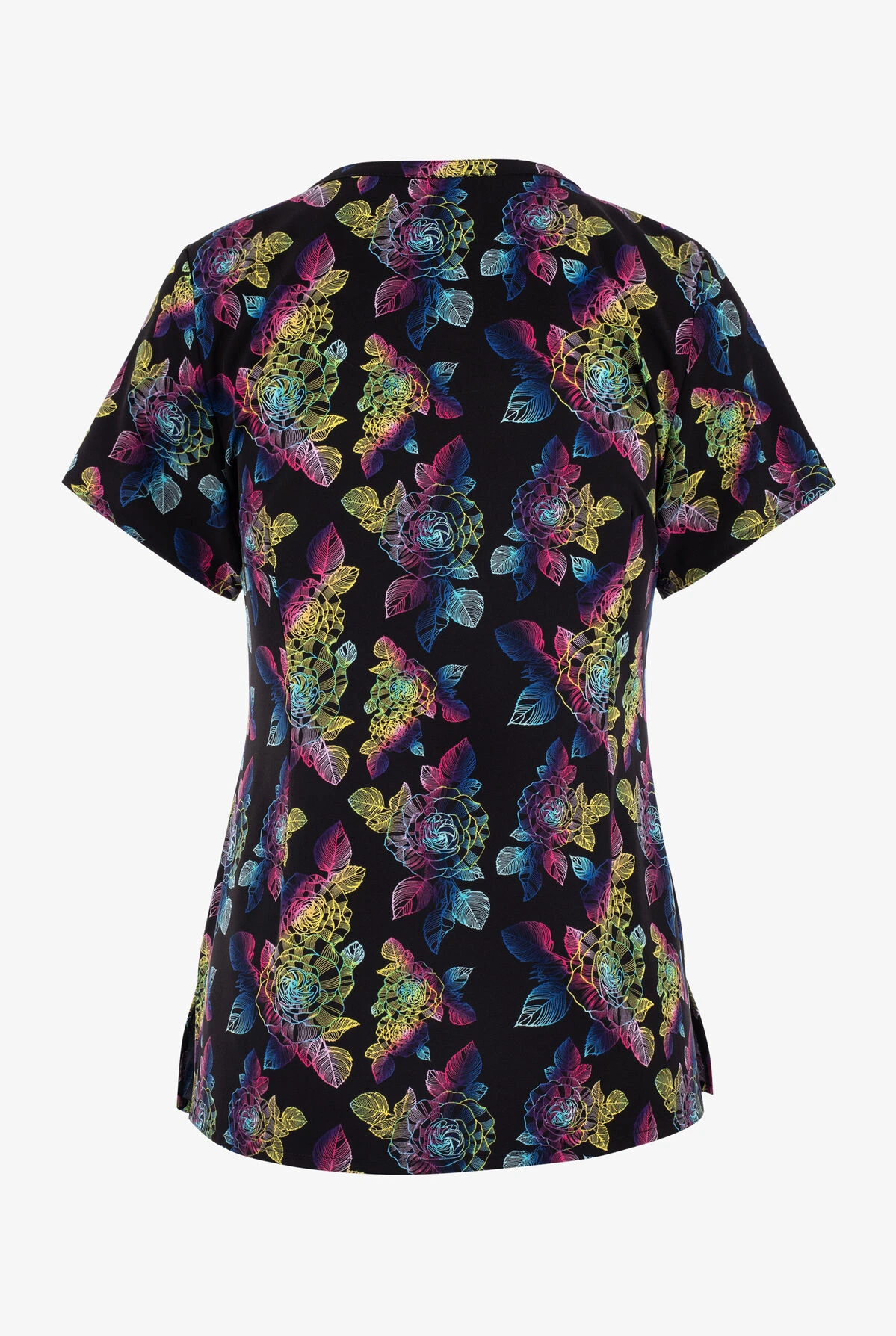 Maevn Electric Bouquet Floral Women's 3-Pocket STRETCH V-Neck Print Scrub Top 4 Maevn Electric Bouquet Floral Women's 3-Pocket STRETCH V-Neck Print Scrub Top - Image 2