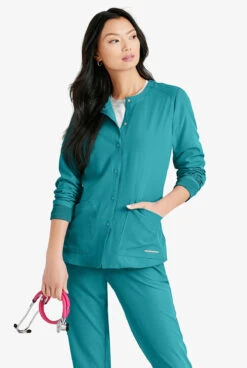 Skechers By Barco Stability Women's 2-Pocket STRETCH Warm-Up Scrub Jacket -Scrubs Wear Store SK401 101923 TEAL 3 S HV