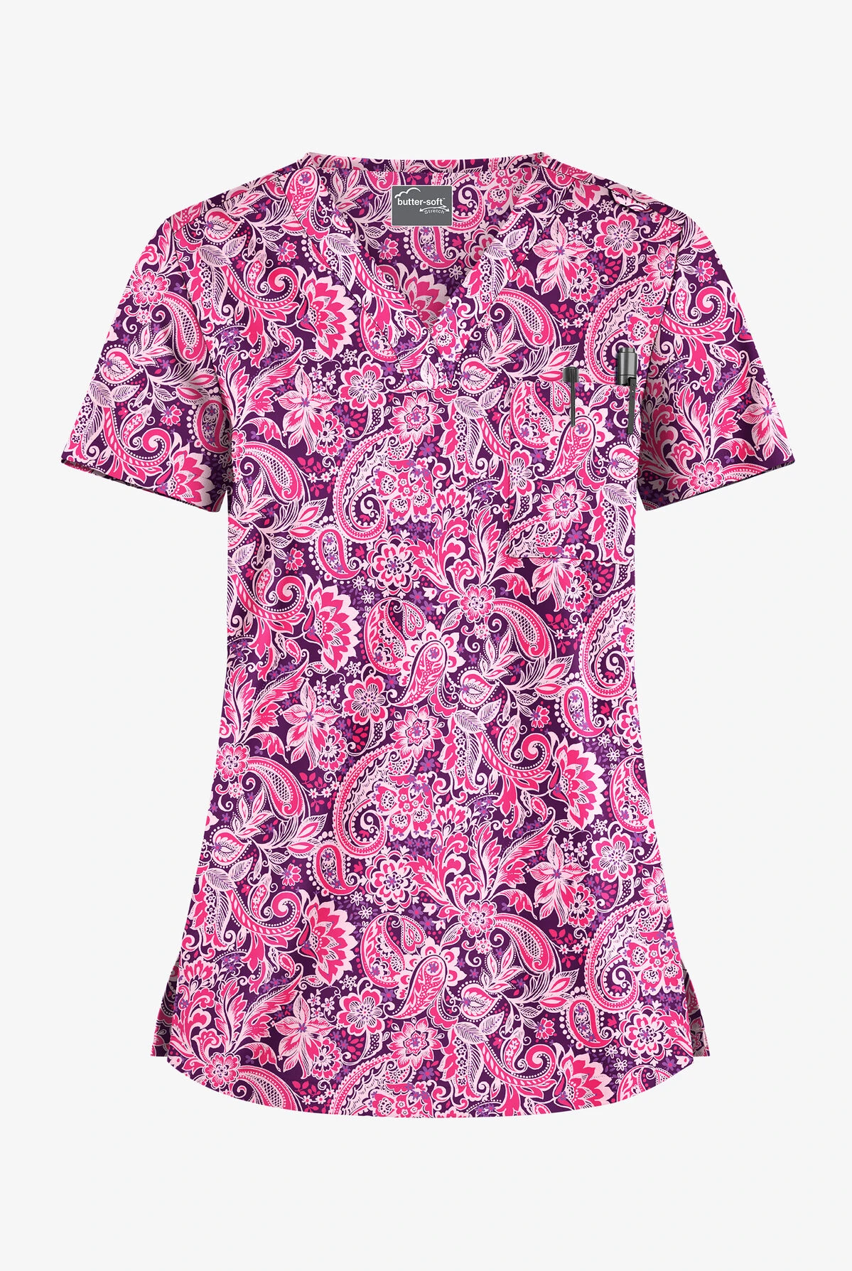 UA Butter-Soft STRETCH Romantic Paisley Eggplant Women's 1-Pocket V-Neck Tuck-In Printed Scrub Top 3 UA Butter-Soft STRETCH Romantic Paisley Eggplant Women's 1-Pocket V-Neck Tuck-In Printed Scrub Top