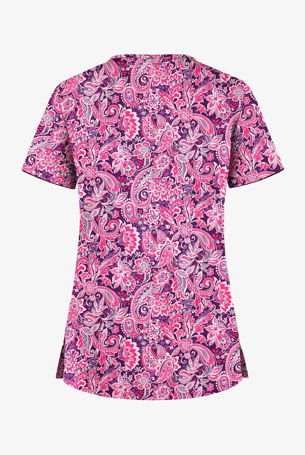 UA Butter-Soft STRETCH Romantic Paisley Eggplant Women's 1-Pocket V-Neck Tuck-In Printed Scrub Top 4 UA Butter-Soft STRETCH Romantic Paisley Eggplant Women's 1-Pocket V-Neck Tuck-In Printed Scrub Top - Image 2