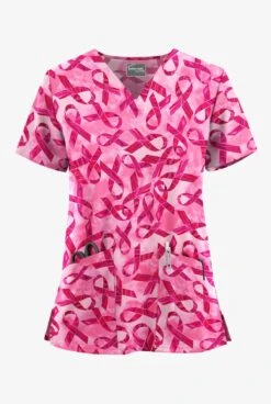 UA Butter-Soft STRETCH Pink Courage Fuchsia Women's 2-Pocket V-Neck Printed Scrub Top